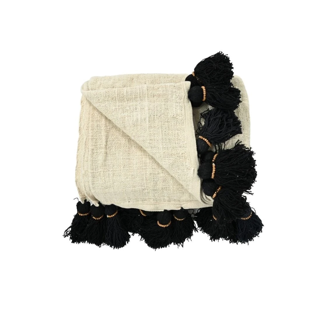 Bali Cotton Throw | Black Tassel | White 220x140cm 1 Bali Cotton Throw | Black Tassel | White 220x140cm