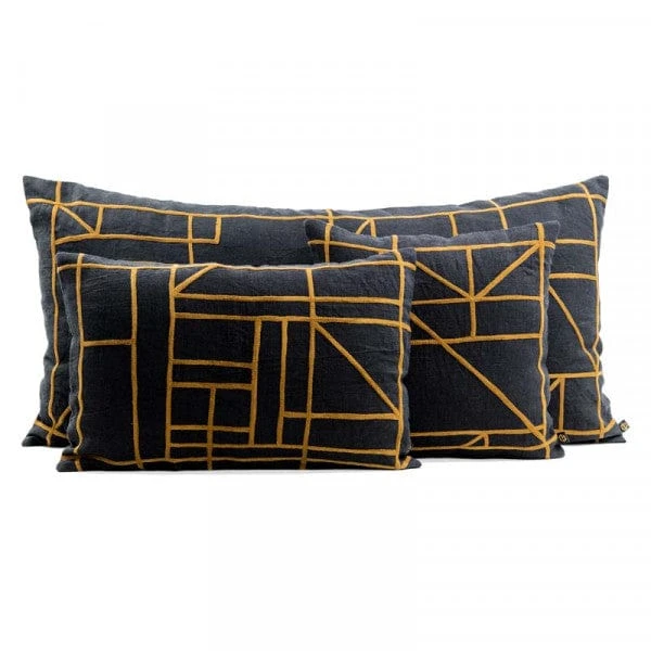 Linen Cushion Cover | Black/Mustard45x45cm 2 Linen Cushion Cover | Black/Mustard45x45cm - Image 2